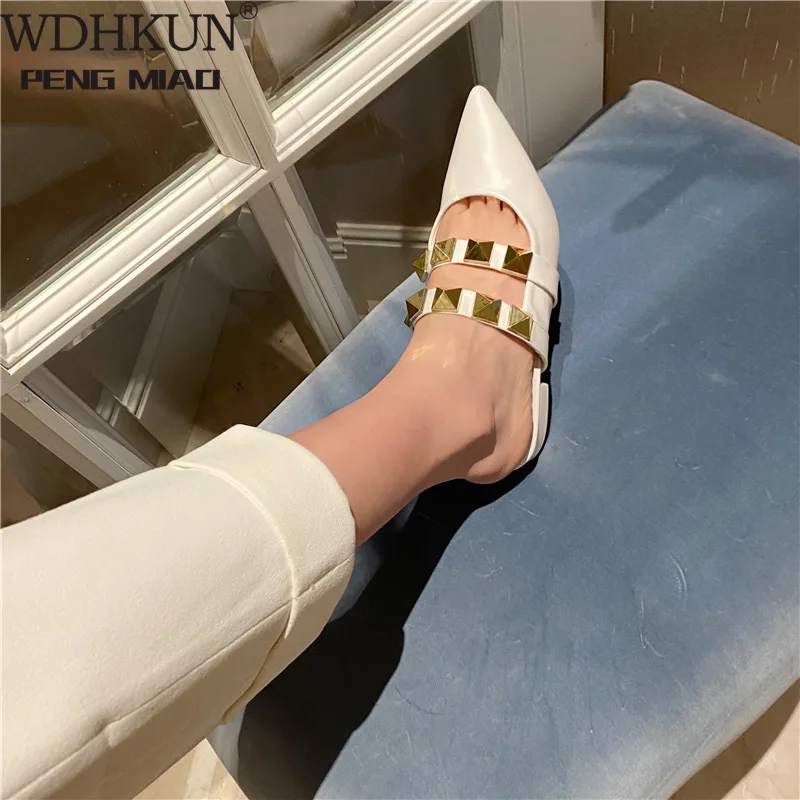  2021 New Brand Women Flat Slippers Fashion Rivet Close Toe Mule Shoes Slip on Casual Loafers Outdoor Slides Flip Flops | Обувь