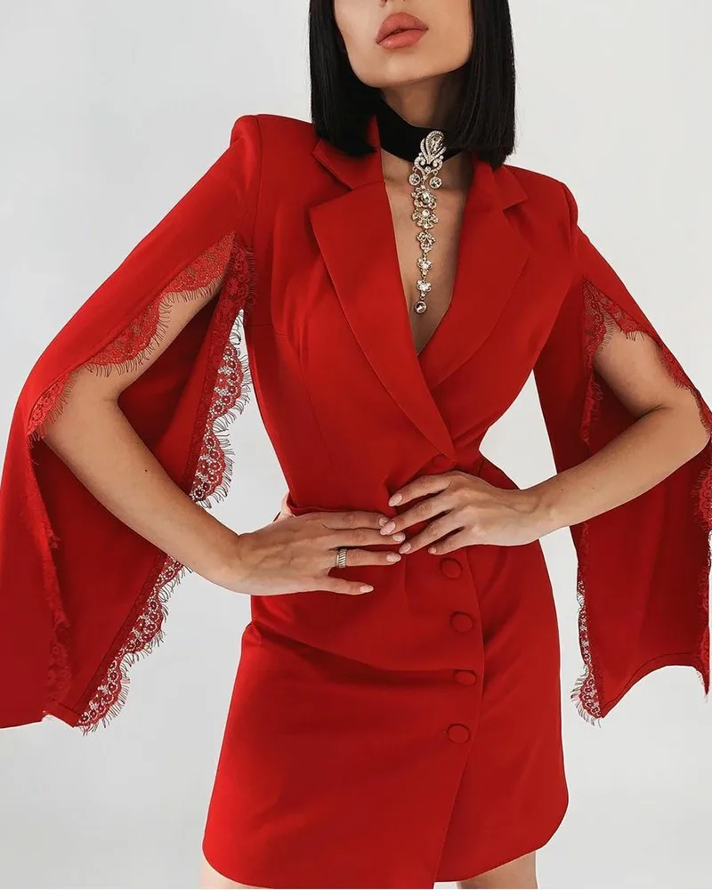 

Fashion women's eyelash lace Cape sleeve single button suit dress