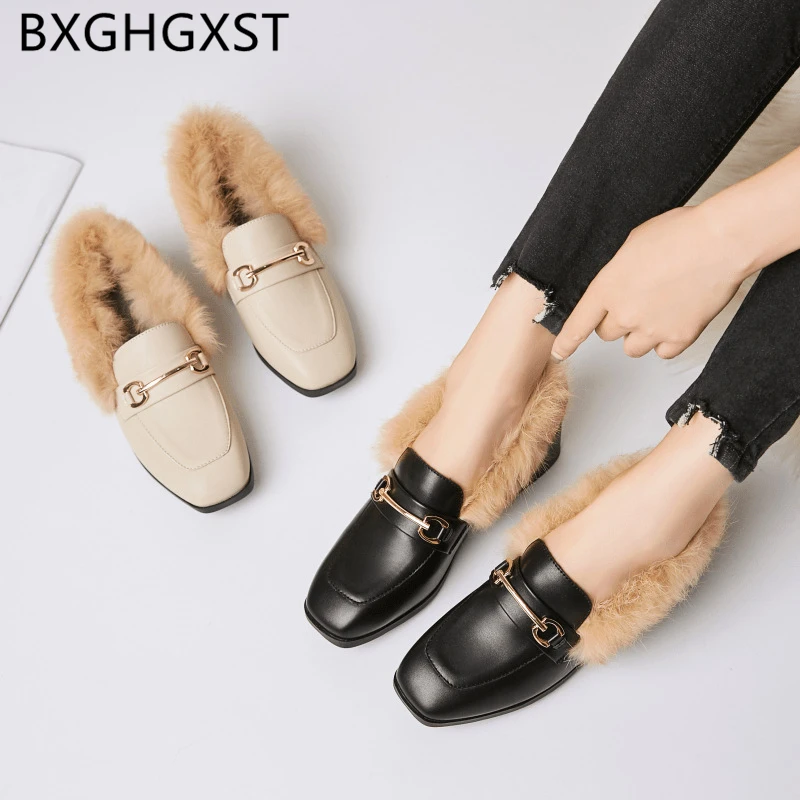 

Korean style office shoes women low heel shoes italian brand winter leather shoes women black fur heels zapatos mujer casual