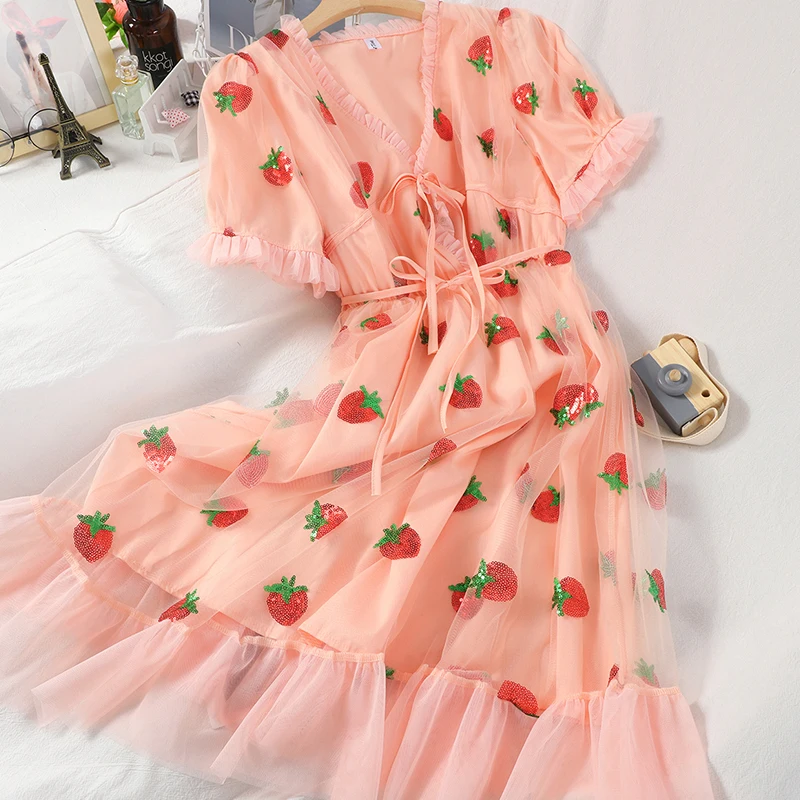 Новинка лета 2020 корейский стиль клубничное Сетчатое газовое платье с бантом |