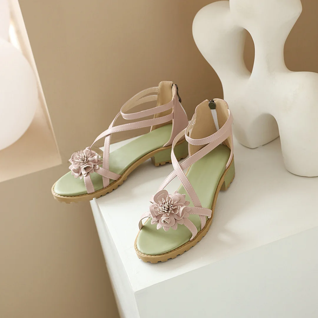 

Cross Strap Flowers 2021 New Student Women's Shoes Comfortable Flat Bottom Sweet And Cute Sexy Sandals Zipper Blooming Flowers