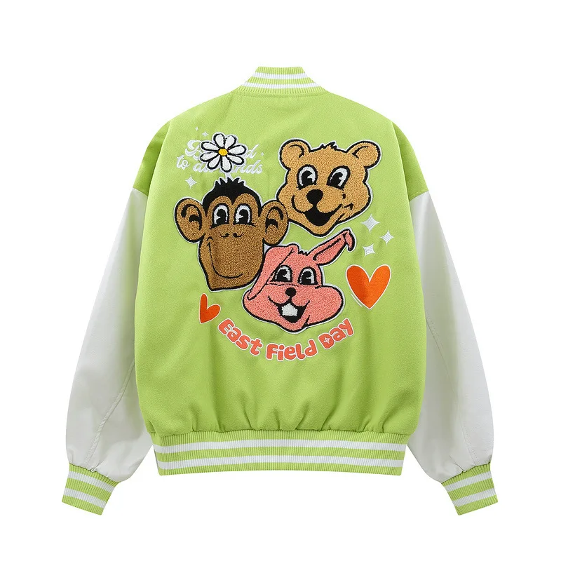 

Men's Varsity Uniform Baseball Jacket PU Leather Sleeve Single Breasted Bomber Jacket Cartoon Animal Embroidery Casual Coat 2021