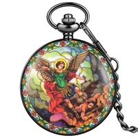 retro catholic church quartz pocket chain watch male high quality dial portable fob necklace pendant exquisite collectible