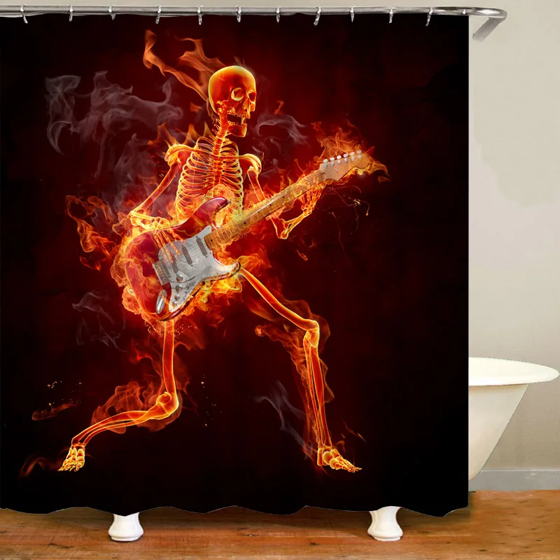 Funny Halloween Flame Skull Skeleton Playing Guitar Shower Curtain Bathroom Set Burning Bath Rug Carpet Home Decor | Дом и сад