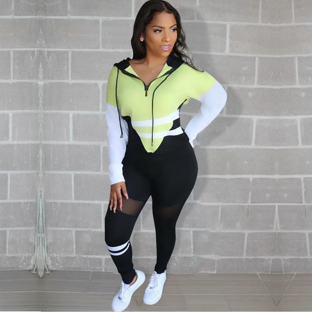 

Plus Size Women's Tracksuit Two Piece Outfits Color Block Spliced Long Sleeve Hooded Pullover and Sheer Mesh Skinny Pant Casual