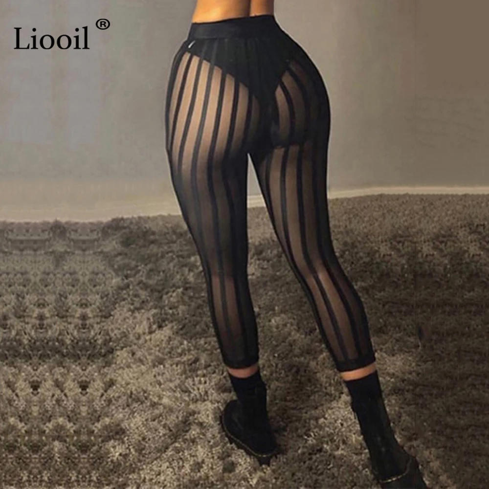 Liooil/Полосатые сетчатые прозрачные брюки, плотные черные слаксы, осень, женские штаны, сексуальные брюки с высокой талией, облегающие штаны-карандаш для женщин