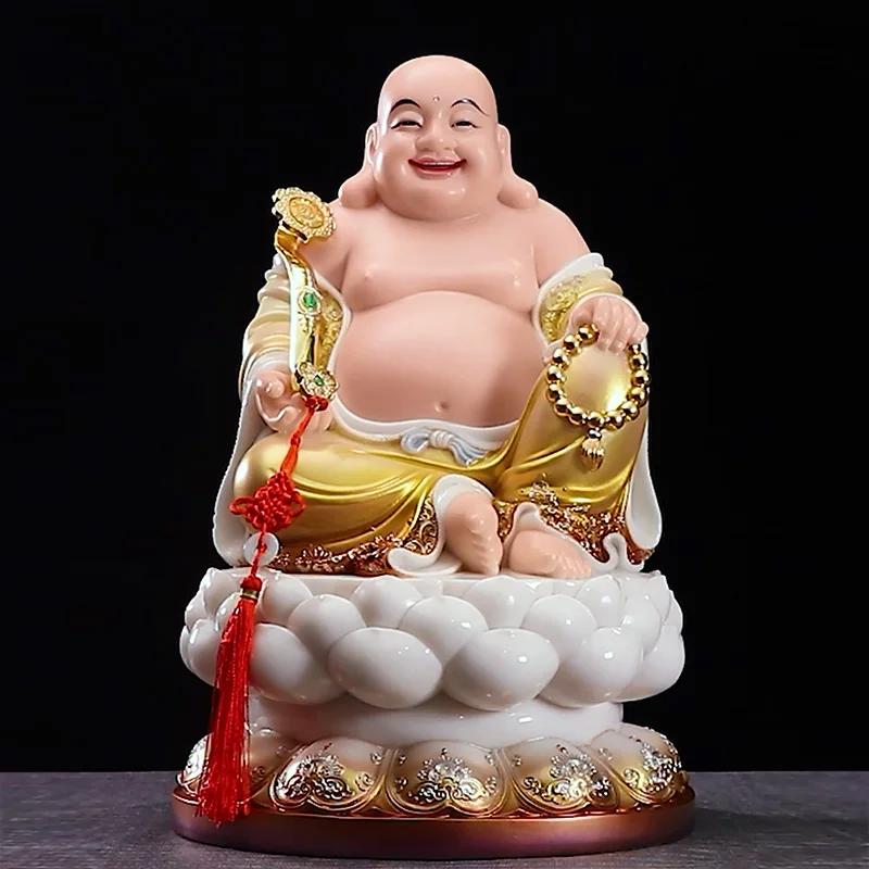 

30CM Asia High grade Home SHOP Talisman Mascot get rich Money God of wealth CAI SHEN Maitreya Buddha jade gilding Sculpture