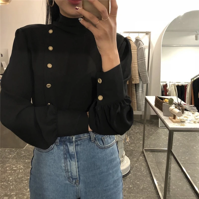 SHENGPALAE New Spring Spring Korea Style Full Lantern Sleeve Stand Collar With Button Chiffon Single Breasted Women Shirt FR397