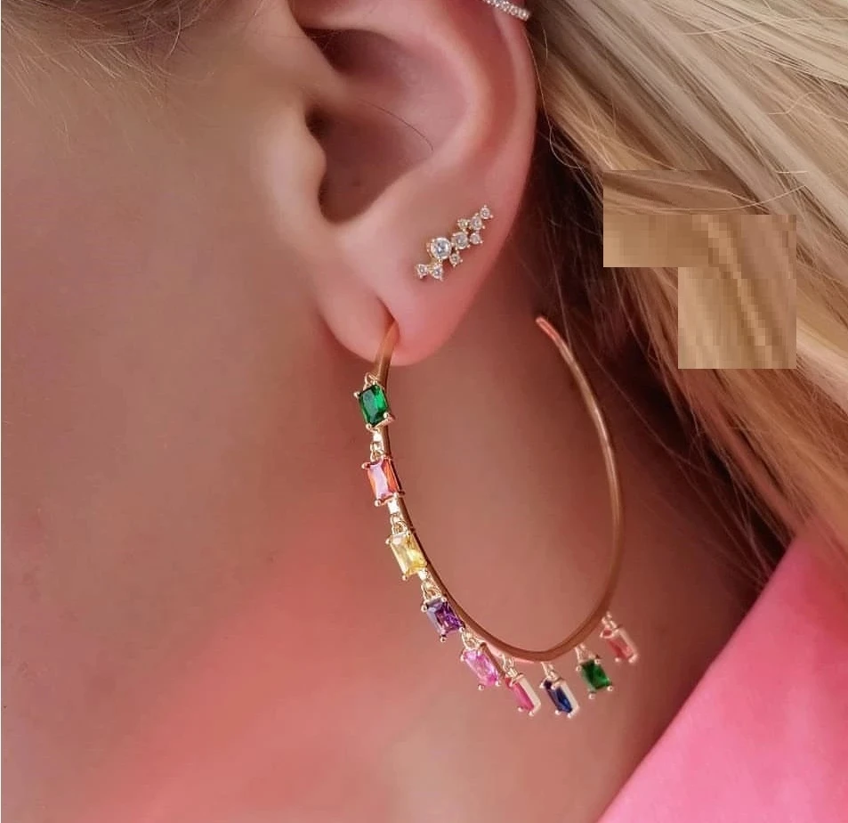 48 мм золотые Золотые Большие серьги-гвоздики обручи радужные красочные зеленые CZ