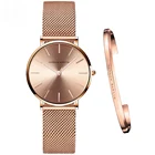 Полный розового золота 1 комплект часы-браслет с японским кварцевым механизмом Креативный дизайн Водонепроницаемый Нержавеющаясталь из сетчатого материала женские наручные часы Relogio Feminino