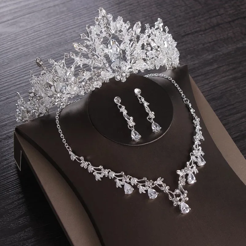 3Pcs Jewelry Set Роскошное сердце Кристалл Свадебные Ювелирные наборы Свадебные с кубическим Цирконом корона диадемы чокер и серьги ожерелье набор африканские бусы комплект ювелирных изделий - Окраска металла: 3Pcs Jewelry Set
