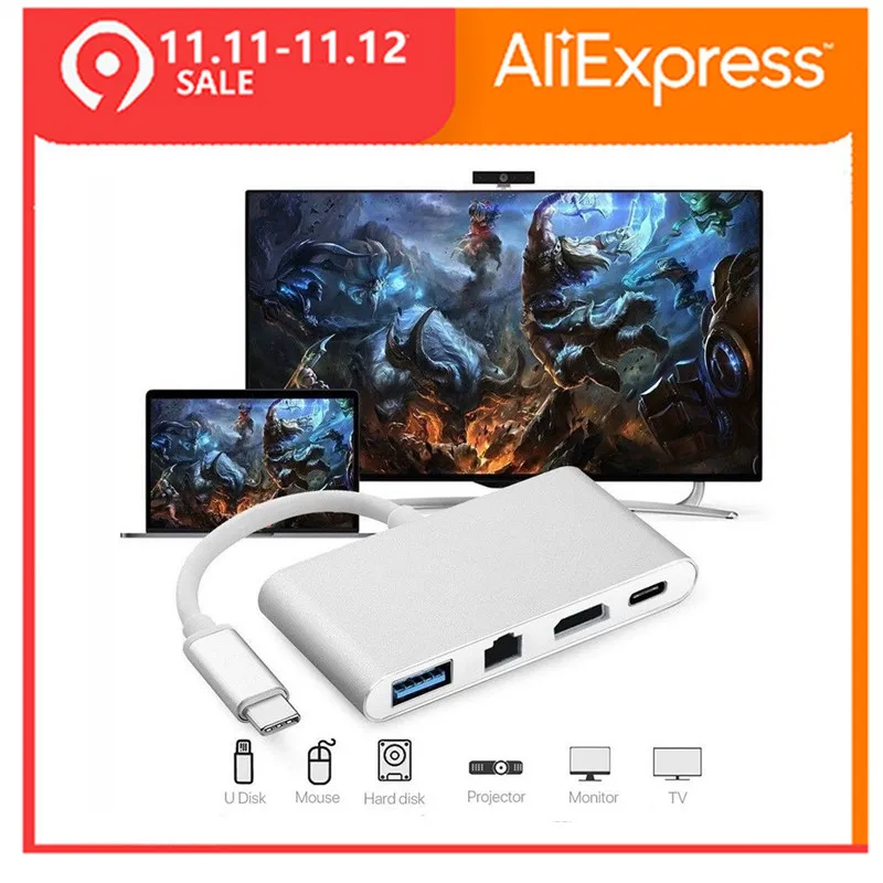 Новый 4 в 1 USB C адаптер 3 Тип c к HDMI видео порт RJ45 (Gigabit Ethernet) 0 питания|USB-хабы| |