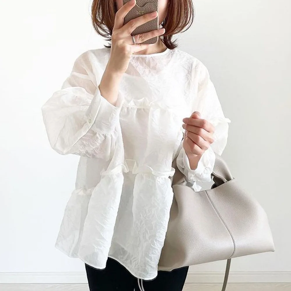 

Женская винтажная блузка с длинным рукавом, белая кружевная элегантная офисная блузка большого размера с завязкой сзади, Повседневная Длин...