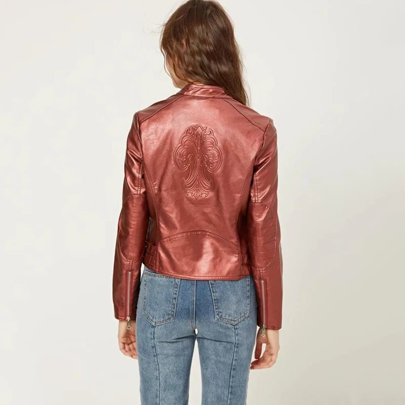 Куртка TMODA252 ZA Женская из искусственной кожи мотоциклетная блестящая красная