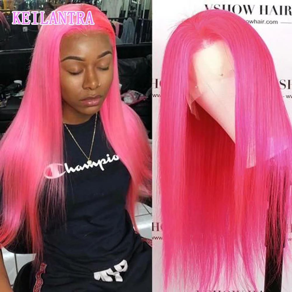 

Pink Colored 13x4 Straight Lace Frontal Human Hair Wigs Transparent Closure Lace Wig Pre-Plucked Brazilian Remy 180% 20 24 Inch