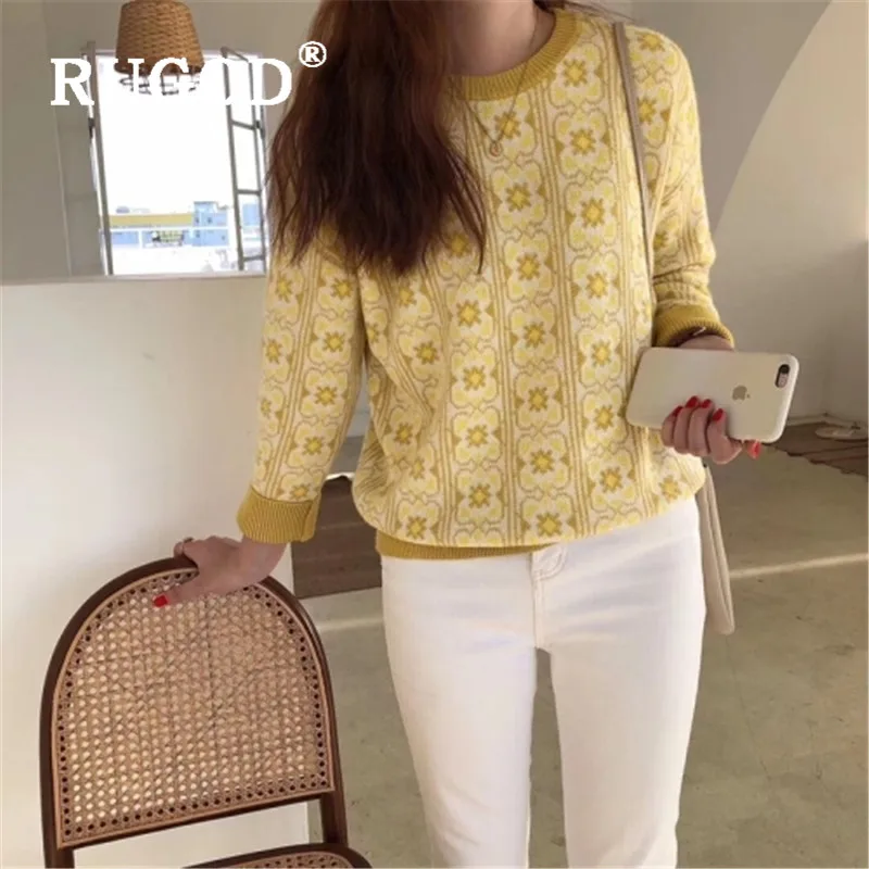 

RUGOD 2019 Новый женский винтажный Европейский цветочный принт вязаный свитер корейский шик ленивый уютный мягкий свитер с круглым вырезом тон...