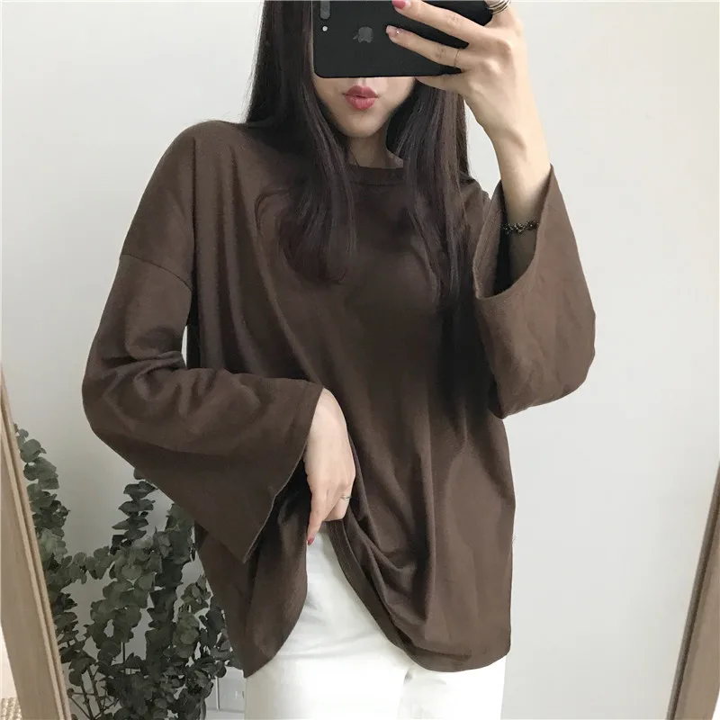 Однотонная свободная футболка с длинным рукавом в стиле Харадзюку женская ярких