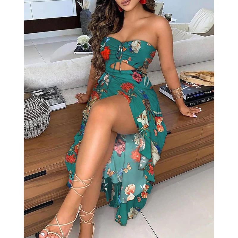 

2021 Summer Luxury Women's Fashion and Elegance Overall Print Off-shoulder Ruffled Hem Slit Mid-length Dress Party Beachwear