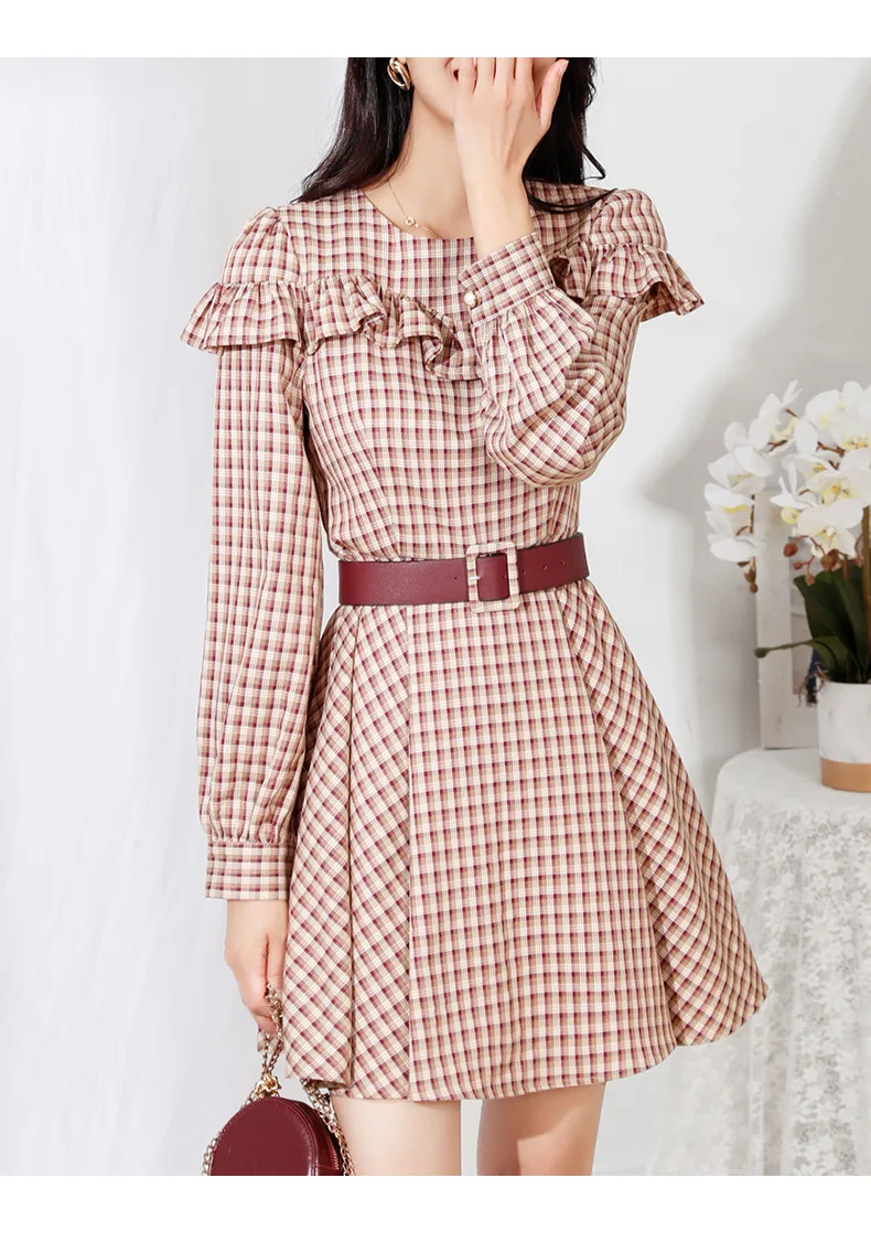 

Korean Temperament Ladies Slim Dress Female Spring 2021 New High Waist Long Sleeve Plaid Short Dress women Vestidos