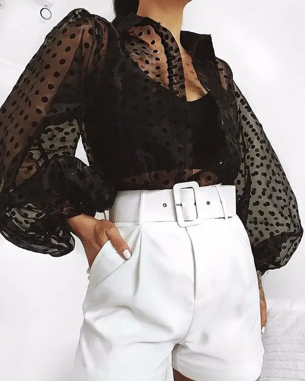 

Women Polka Dot Retro Blouse Lady Early Autumn Modern Mesh Shirt Vogue See-through Loose Button Puff Sleeve Blouse High Street