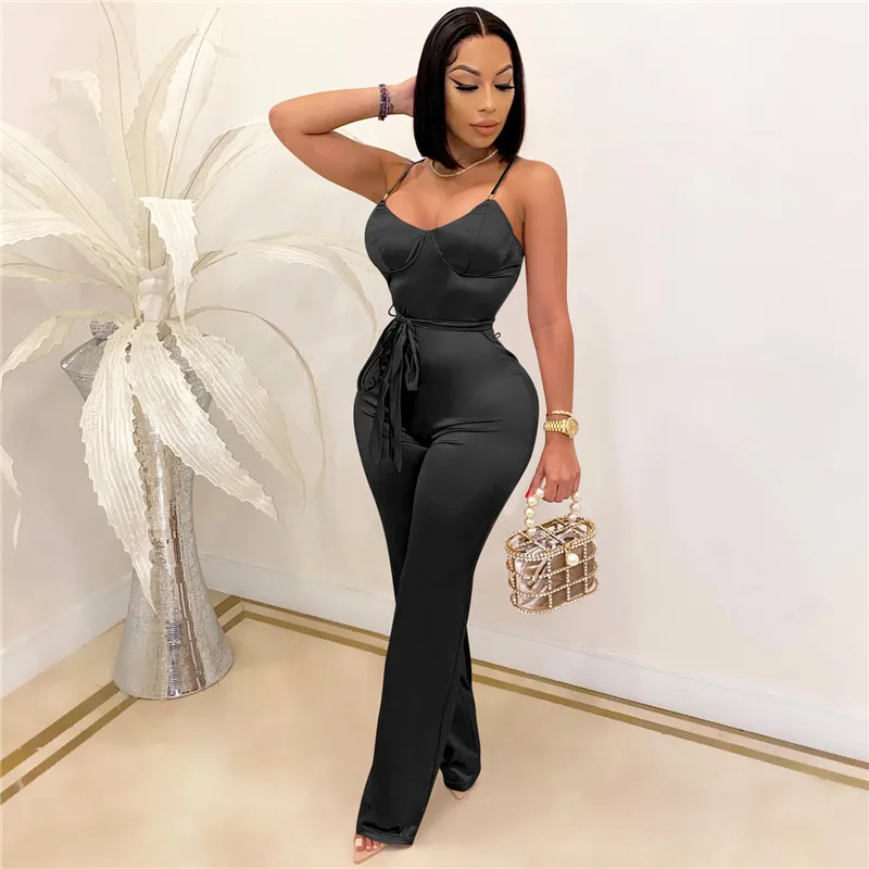 

CHRONSTYLESexy Women Sleeveless Jumpsuits Backless V-neck Strap Lace-up Wide Leg Pants Female Party Bodysuit Elegant Overalls