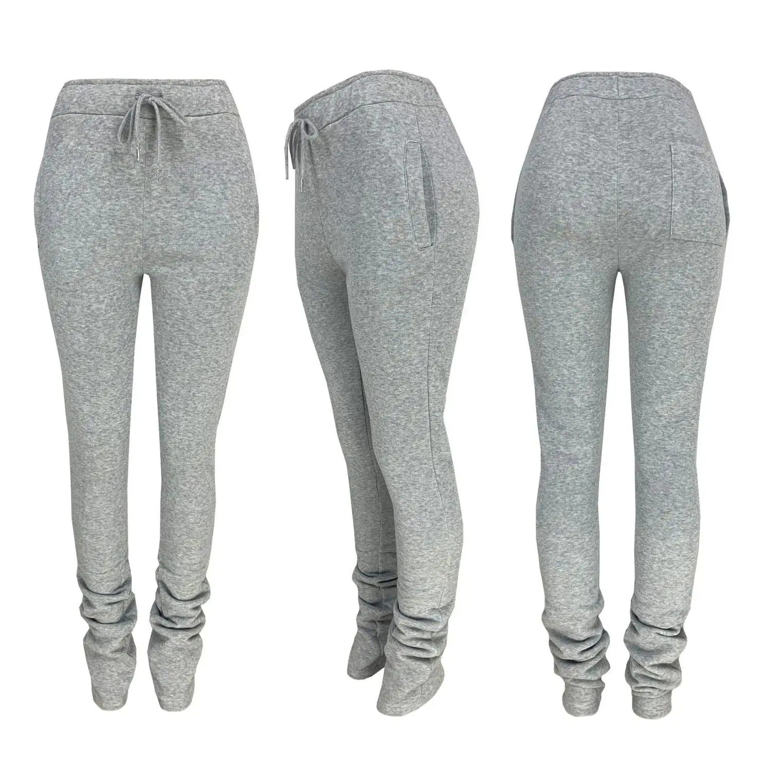 

Women Solid High Waist Drawstring Stacked Pants Bell Bottom Flare Pleated Pants Casual Active Leggings Thick Sweatpants Trousers