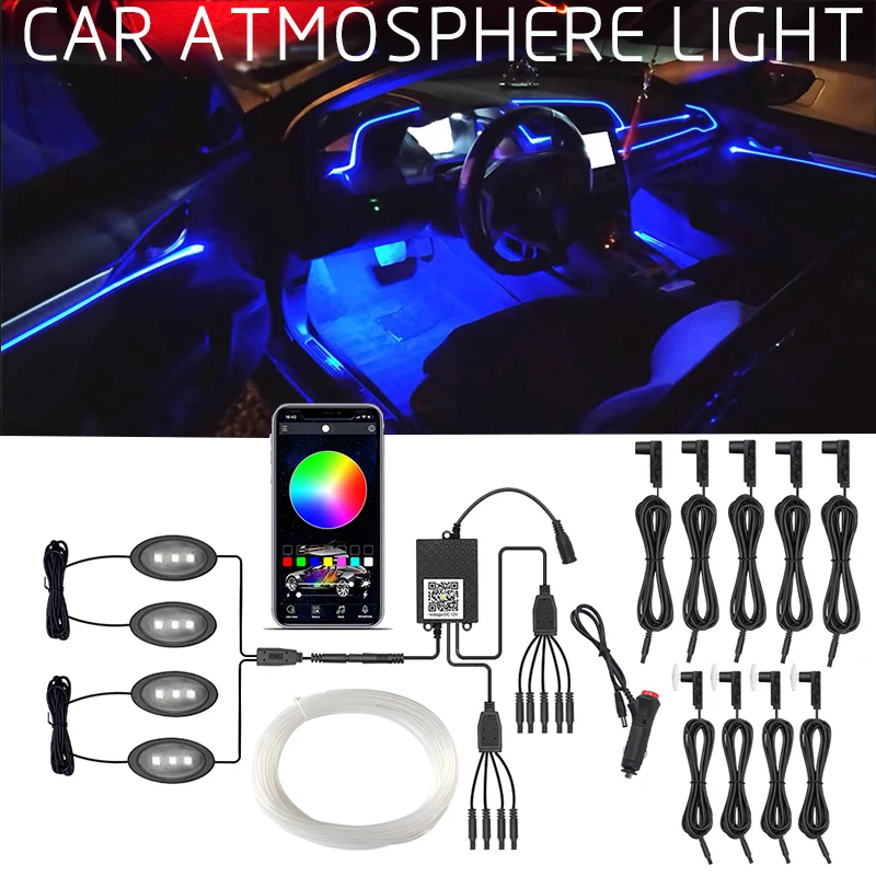 

RGB LED Interior Ambient Light Fiber Optic Strips Light by App Control DIY Music Flexible Multiple Mode Atmosphere Car Lights