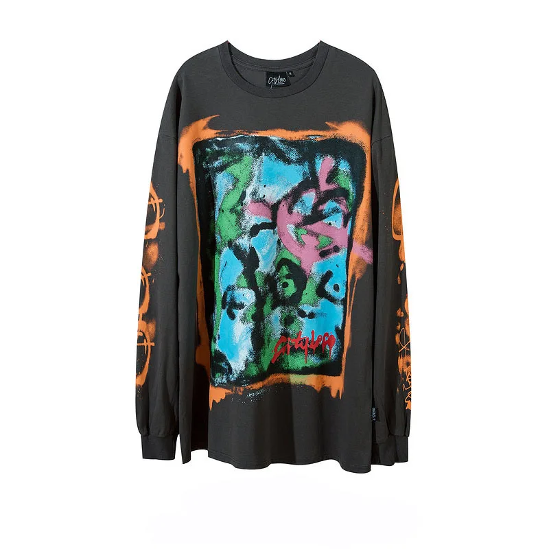 

SEVEYFAN 2021 Men's Fashion Letters Graffiti T Shirts Hip Hop Cotton Tees Oversize Long Sleeve Cotton Tops for Male