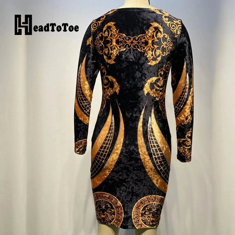 

Retro Palace Print Long Sleeve Velvet Bodycon Dress Women
