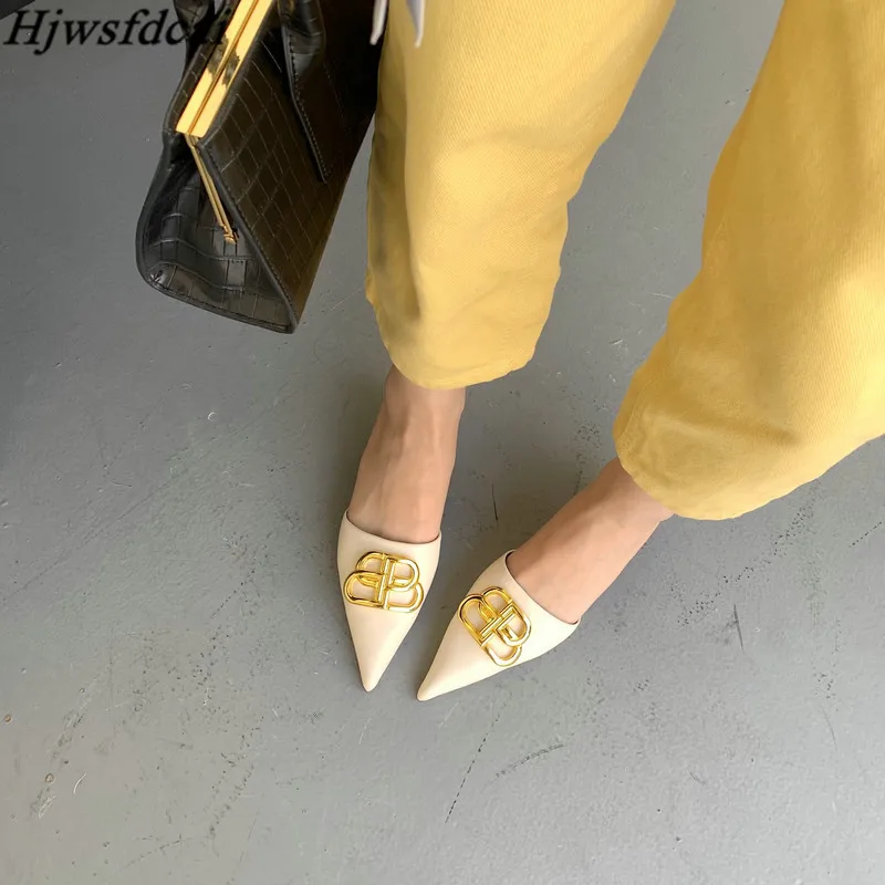 

Hjwsfdcai Fashion Pointed Toe Slippers Metal Decor Elegant Mules Shoes Women Pumps Black Luxury Outsides Slides Ladies Shoes