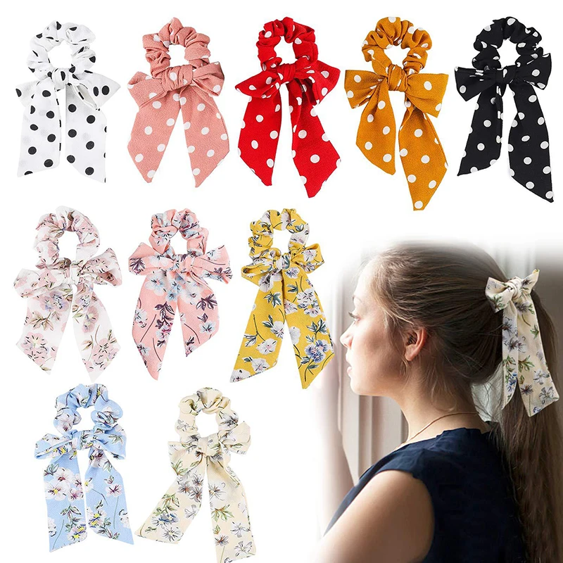 

Polka Dots Ribbon Scrunchie Chiffon Headbands Floral Elastic Hair Bands Rubber Hair Ties Ponytail Holder Women Hair Accessories