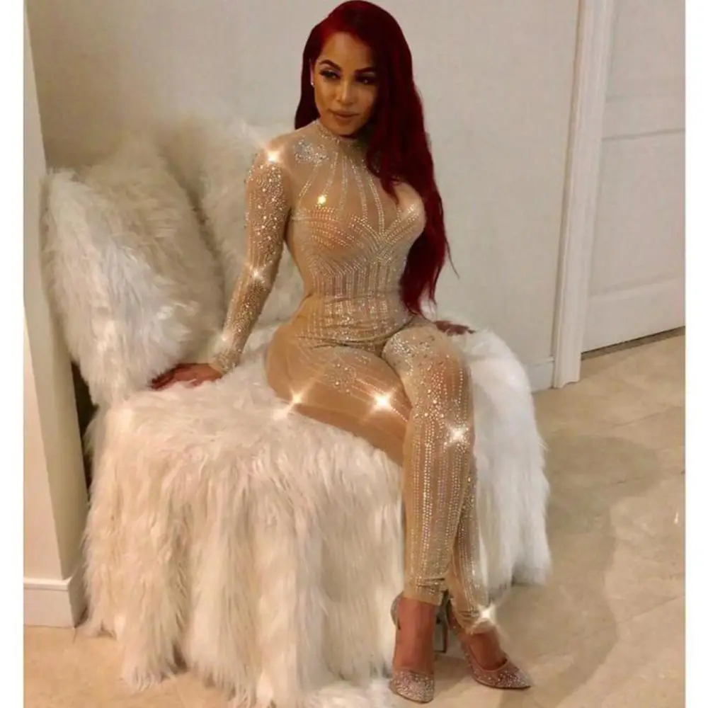 

Shining Beading Sexy Women Jumpsuit Collar Long Sleeves Bodysuit Women See Through Overalls for Women 2020 New Arrival