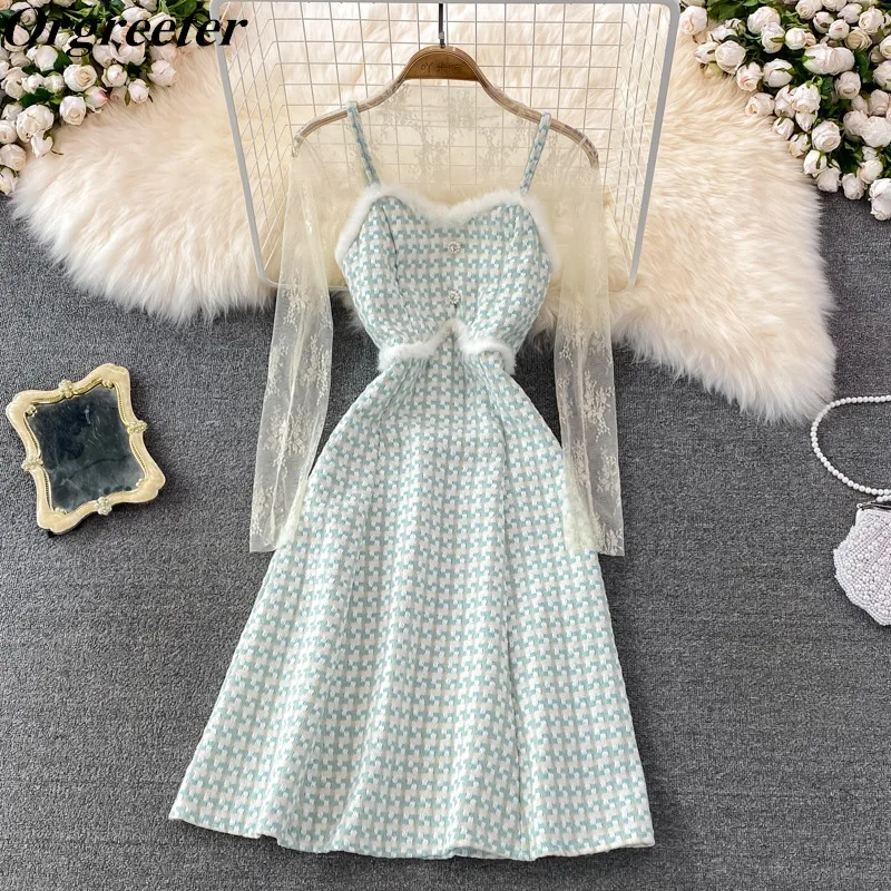 

Lace Shirt Two Piece Tweed Dress Set Women Sexy Perspective Blouse Top + Furry Trim Spaghetti Strap Plaid Woolen Dress Suits