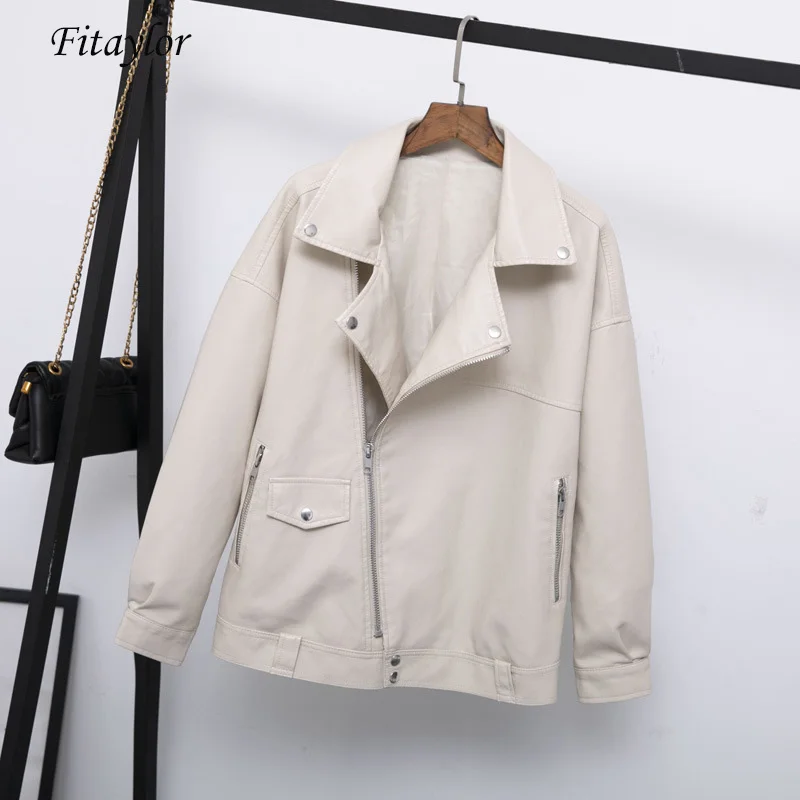 

Fitaylor Autumn Women Faux Leather Jacket Casual Loose Soft Pu Motorcycle Punk Leather Coat Female Zipper Rivet Outerwear