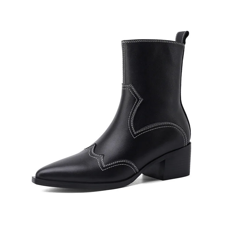 

Serpentine Martin Boots Women Pointed British Style Mid Heel Short Women Genuine Leather Thick Heel Western Denim Boots