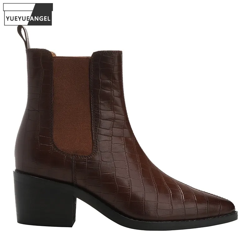 

Pointed Toe Genuine Leather Chelsea Boots Women British Style Winter Fleece Lining Chunky Heels Shoes Retro Ankle Boots Female