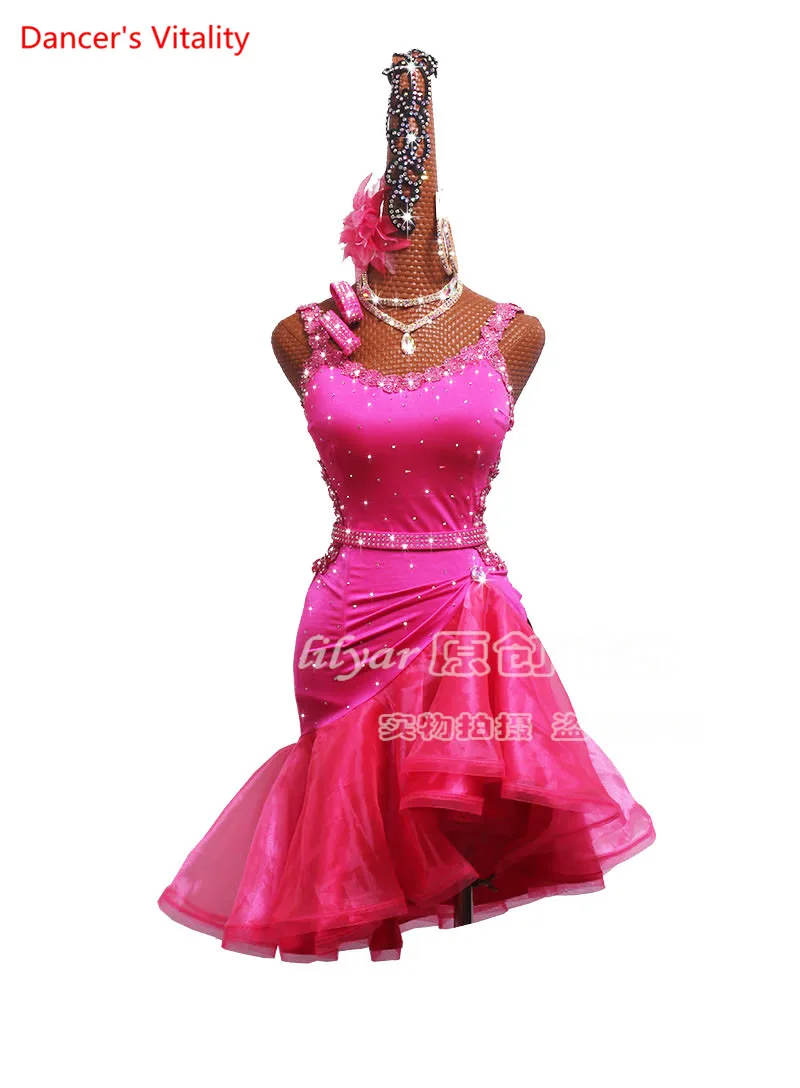 

Custom Made Latin Dance Competition Performance Clothing Adult Women Children Rose Red Lace Embroidered fish Bone Skirt