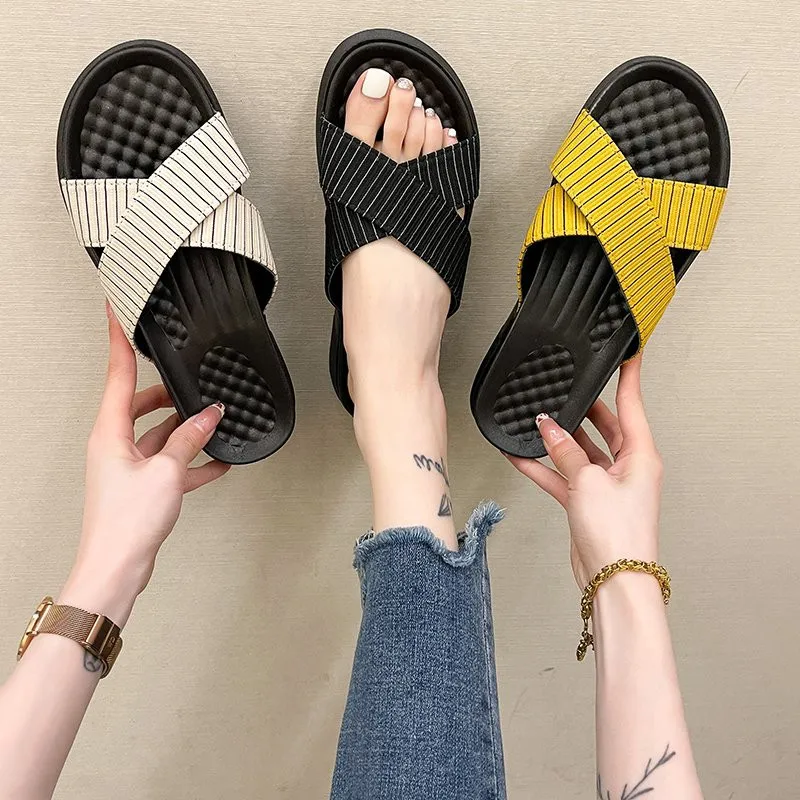 

Med Shoes Woman 2021 House Slippers Platform Cross-Tied Luxury Slides Pantofle On A Wedge Designer Soft New Flat PU Fashion Basi