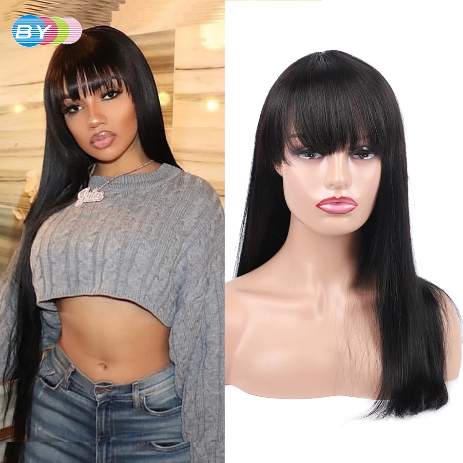 Парики из прямых человеческих волос с челкой парики полностью машинной работы 100%