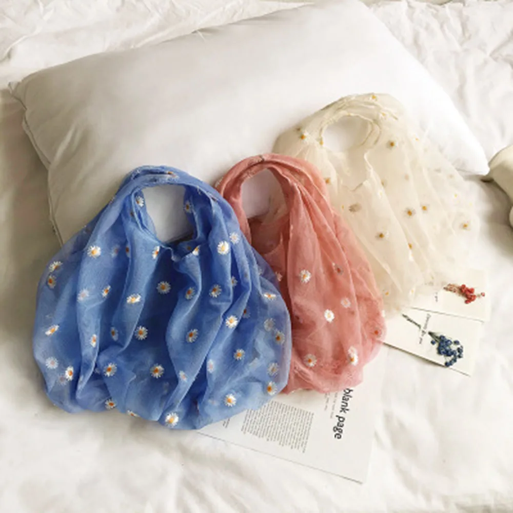 

Fancy Spring Summer Newest Trendy Little Daisies Organza Tote Embroidered Handbags For Women Fresh Sweet Shopping bag Hot