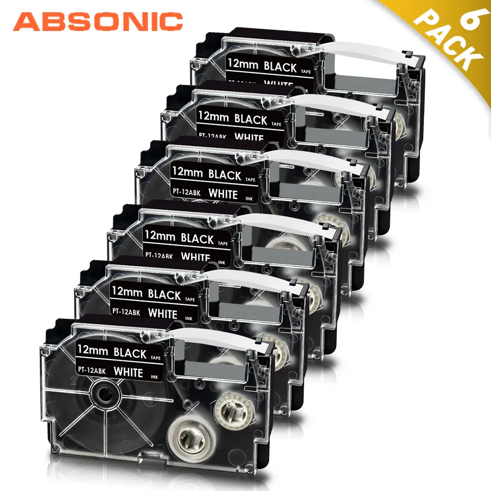 

Absonic 6PK белого цвета на Black12mm запечатанных лент для объектива с оптическими зумом Casio XR-12ABK XR12ABK лента принтера картридж для печати этикеток дл...