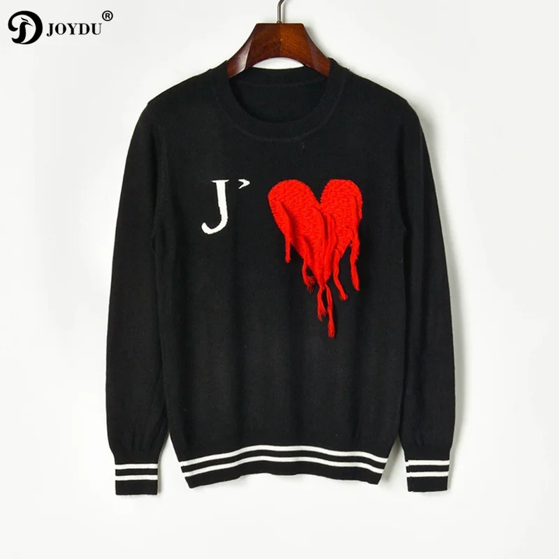 JOYDU new autumn runway brand sweater women contrast red heart tassel love o-neck long sleeve sweet knit pullover female | Женская