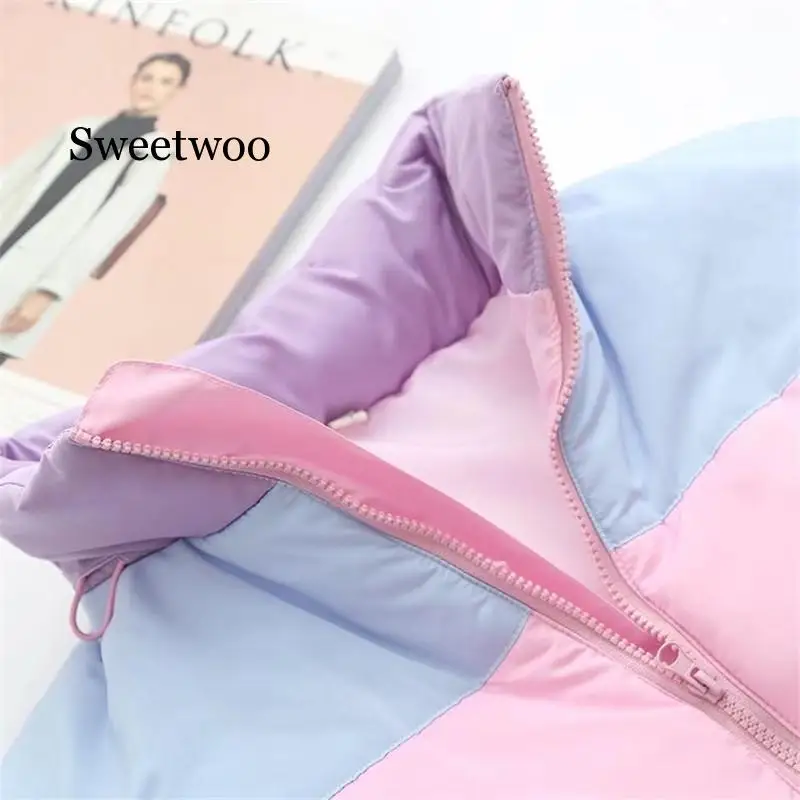 Women Winter Coat Oversize Parkas Short Casual Warm Jacket Striped Winter Clothing Rainbow Stripe Splicing Fluffy Parka