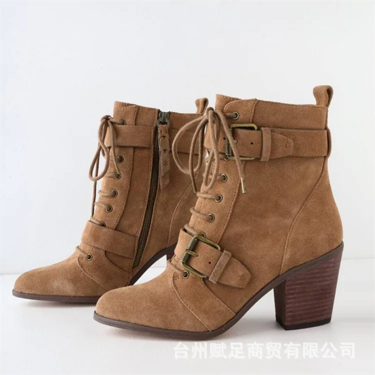 Ботильоны Женские однотонные на шнуровке винтажные короткие сапоги из
