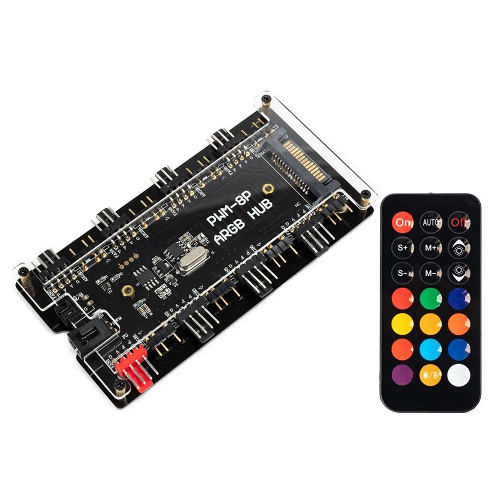 

Remote Control PWM Fan Hub 8 Port 4-Pin PWM Fan 1 to 8 3-Pin ARGB Addressable RGB LED Hub for PC LED Light Cooler Control Adapte