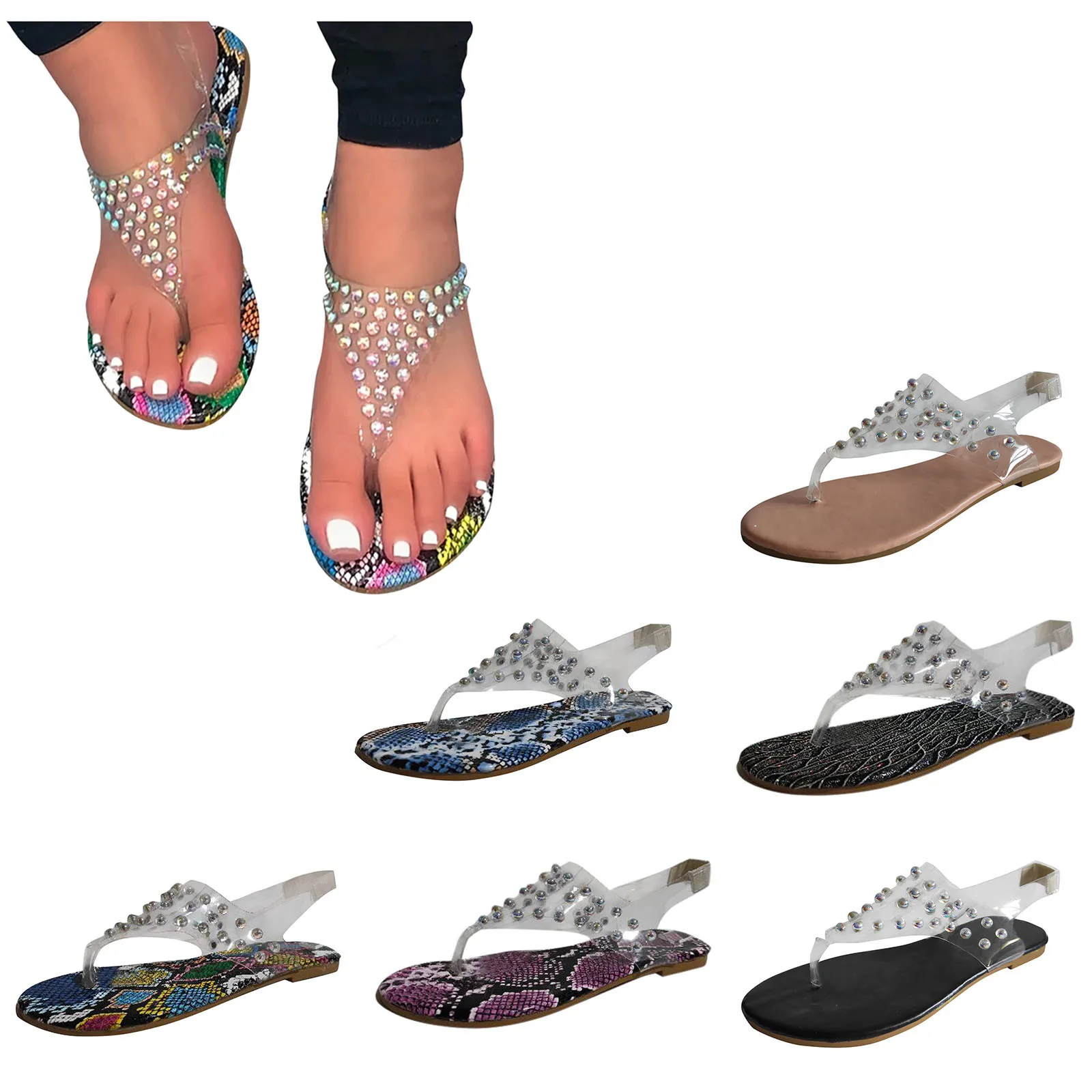 

Women's Fashion Large Size Mixed Colors Pearl Rhinestone Flip-flat Sandals And Slippers Casual Shallow Women's Sandals Sandalias