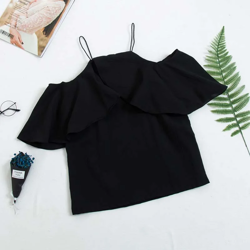 HELIAR 2019 Summer Spaghetti Tops Flounce Shoulder Blouse Plain Top Women Fashion Streetwear Female Solid Sexy Beach | Женская одежда