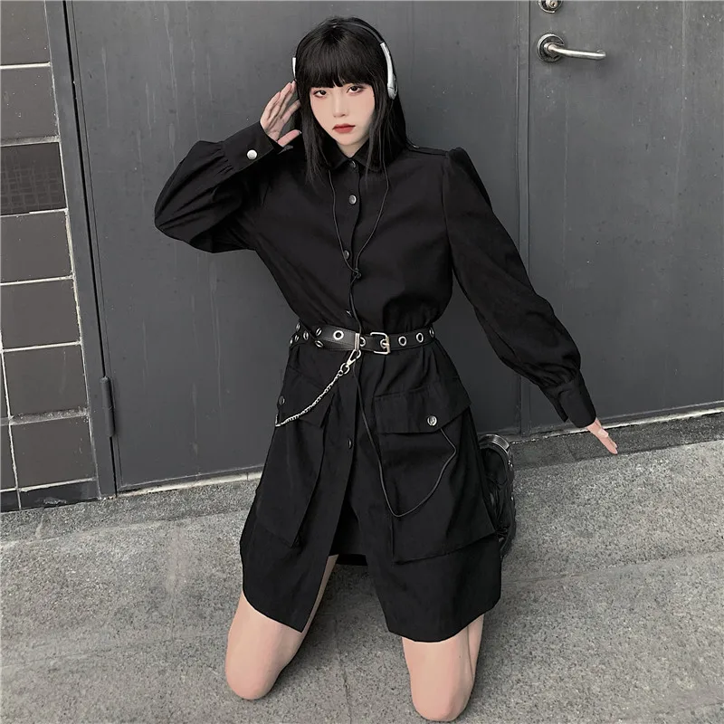 

QWEEK Korean Dress for Women 2020 Long Sleeve Black Dress Women Vintage Pocket Safari Style Harajuku Sashes Dresses Vestidos