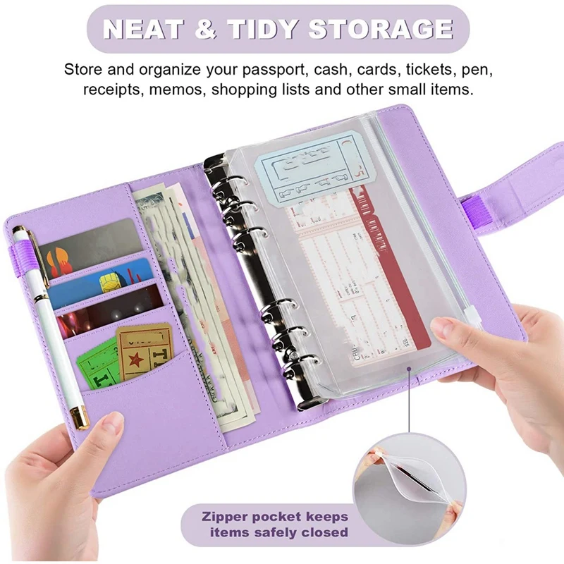 

2set 14 Binder Bags A6 with Leather Binder Cover, 6 Rings Budget Binder with Cash Envelope (Purple&Green)