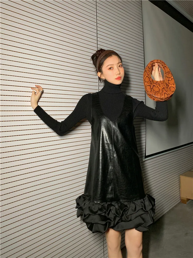 

Crocodile Faux Leather Dress Women Ruffle Black Lolita Sleeveless V Neck A Line Mini Tank Dress Spring 2021 Fashion S092